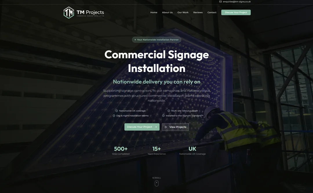 The TM Projects commercial signage installation website homepage